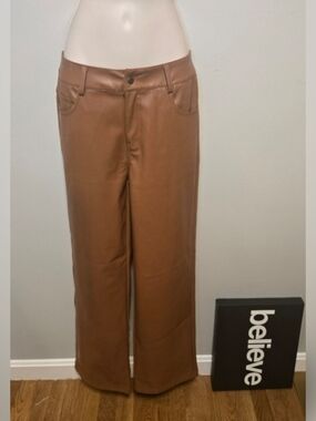 High-Rise Wide-Leg Faux Leather Trousers - Brown